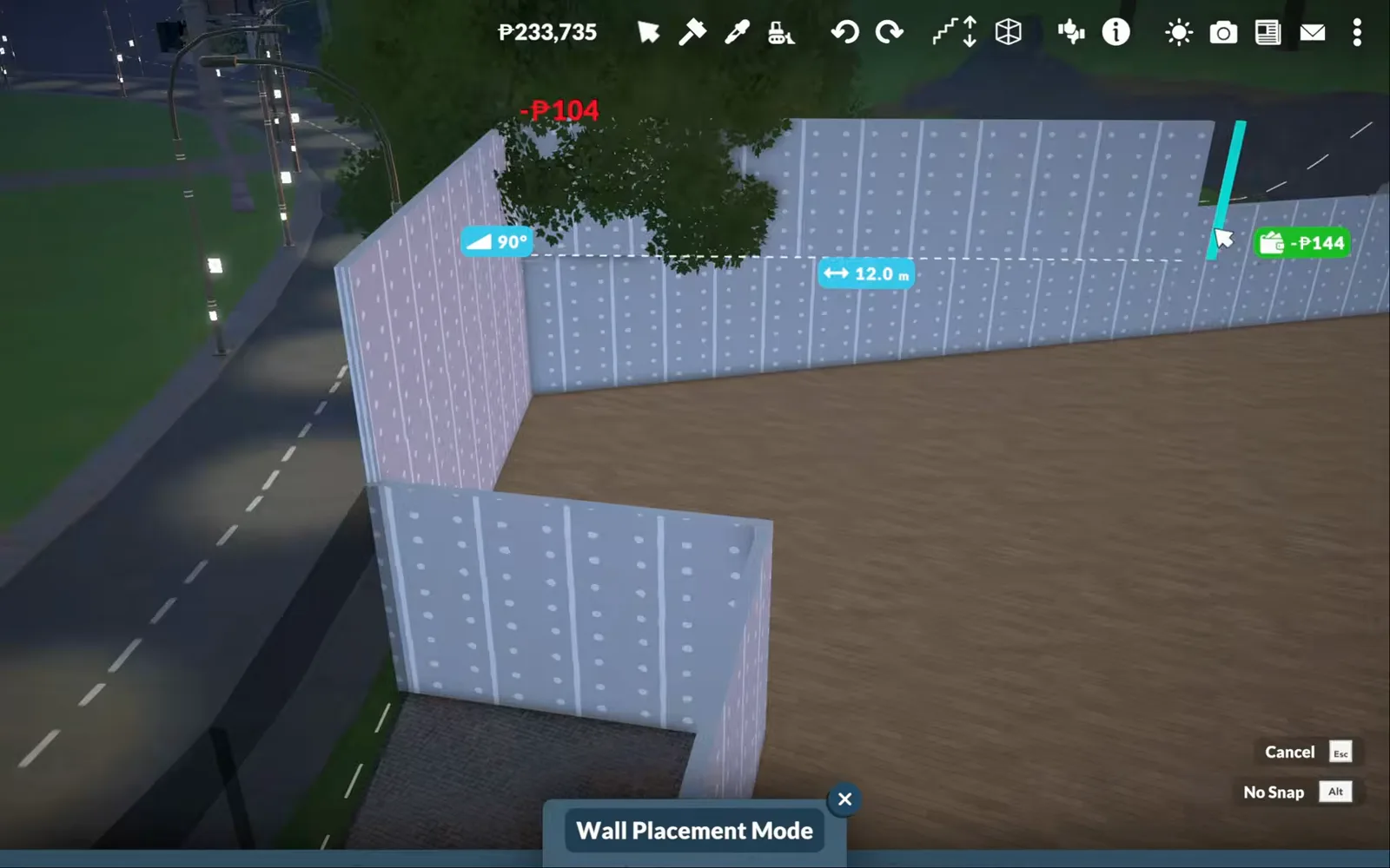 Paralives Wall Placement Mode extending a long white wall run with a 12 m length badge across the supermarket footprint at night