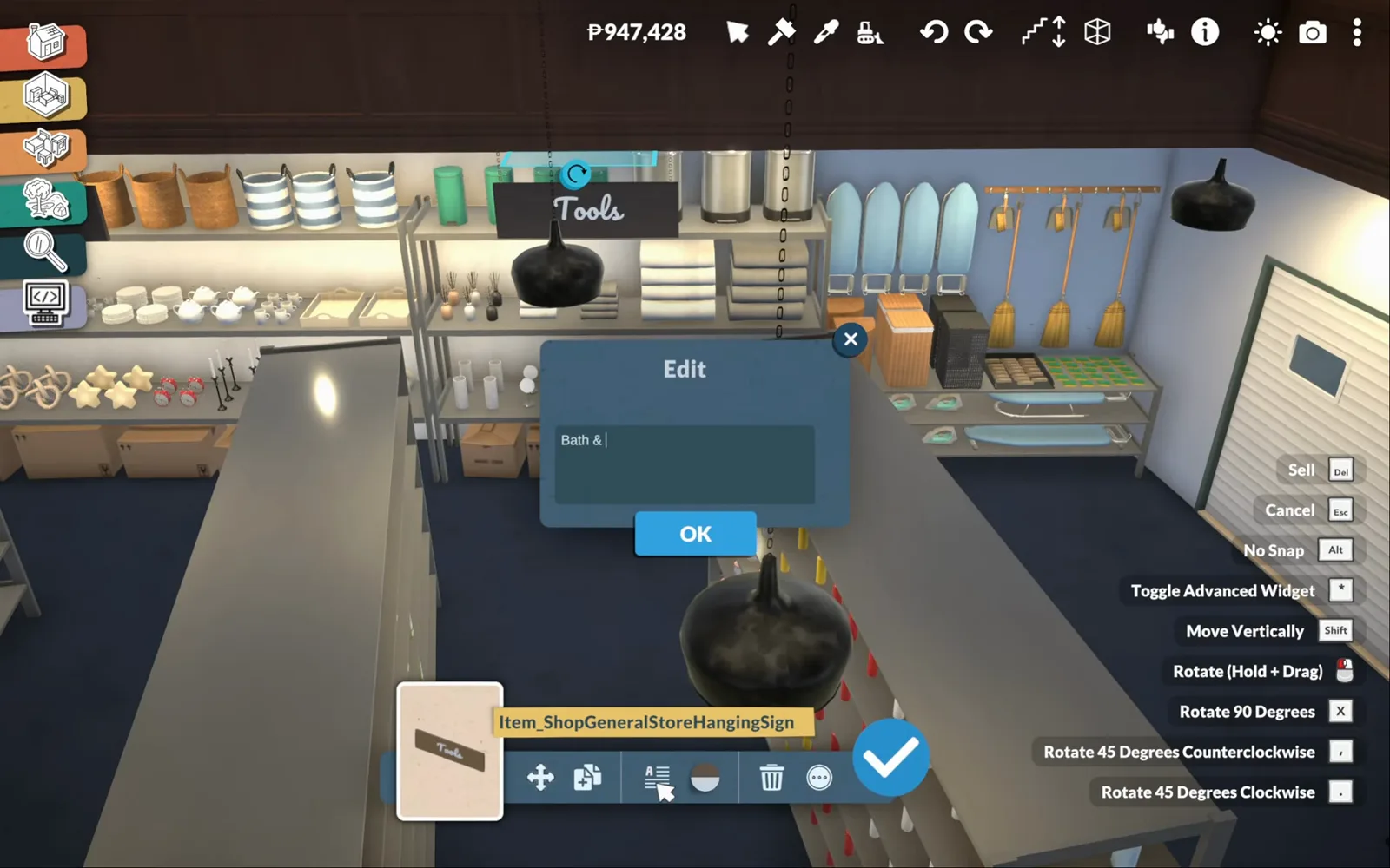 Paralives Edit dialog typing a Bath & Laundry label onto a hanging supermarket sign, a Tools script sign already hung over the shelves behind