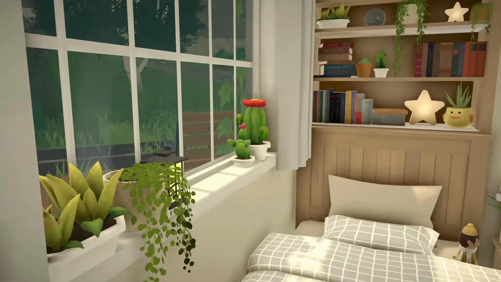 A finished Paralives sleeping corner with a checkered duvet, potted plants on the windowsill and a star lamp on the headboard shelf