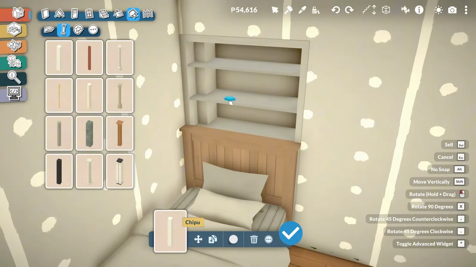 A wooden Paralives headboard tucked beneath a white shelf niche built into the wall above it