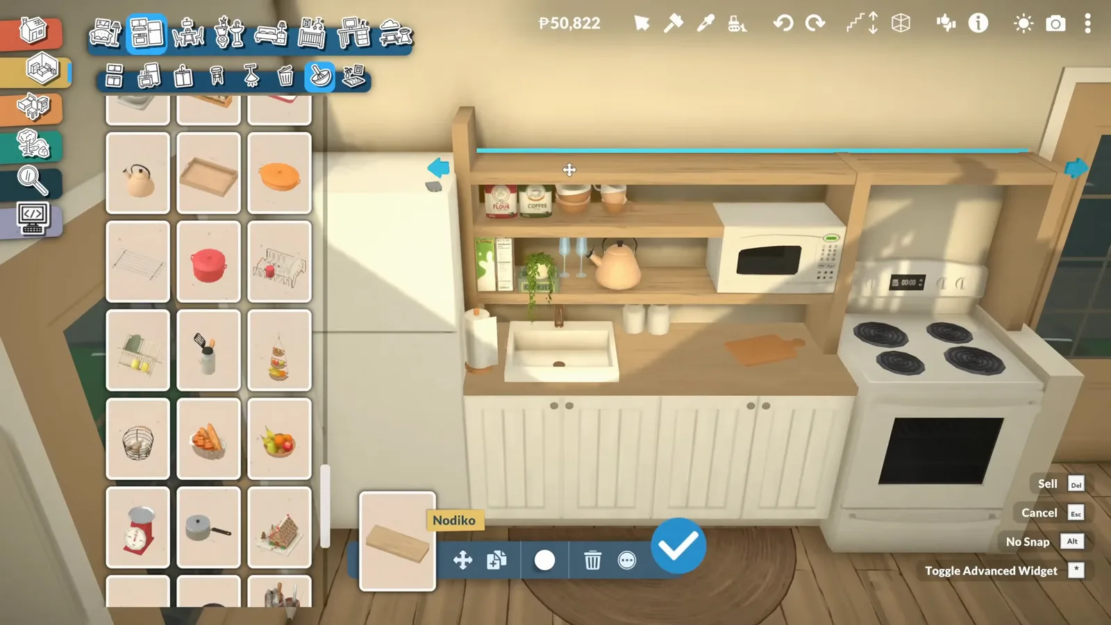 Fridge, sink counter, open shelving with a microwave and a stove share a single wall in this Paralives micro kitchen