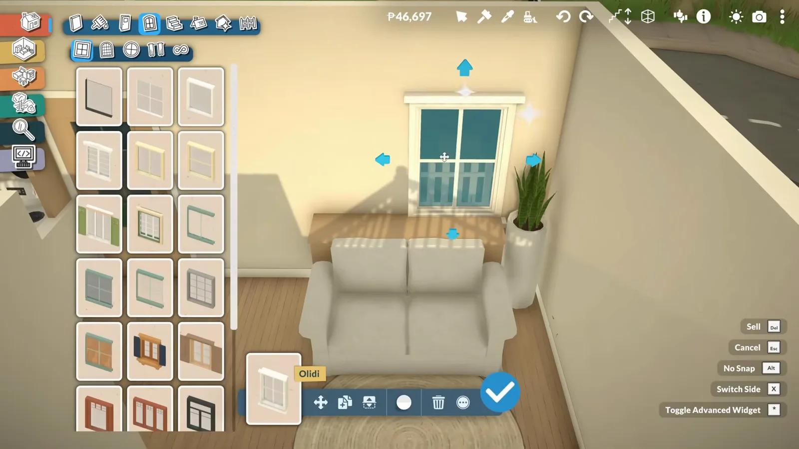 A white Paralives sofa placed on a round jute rug beneath a window with a tall snake plant in the corner