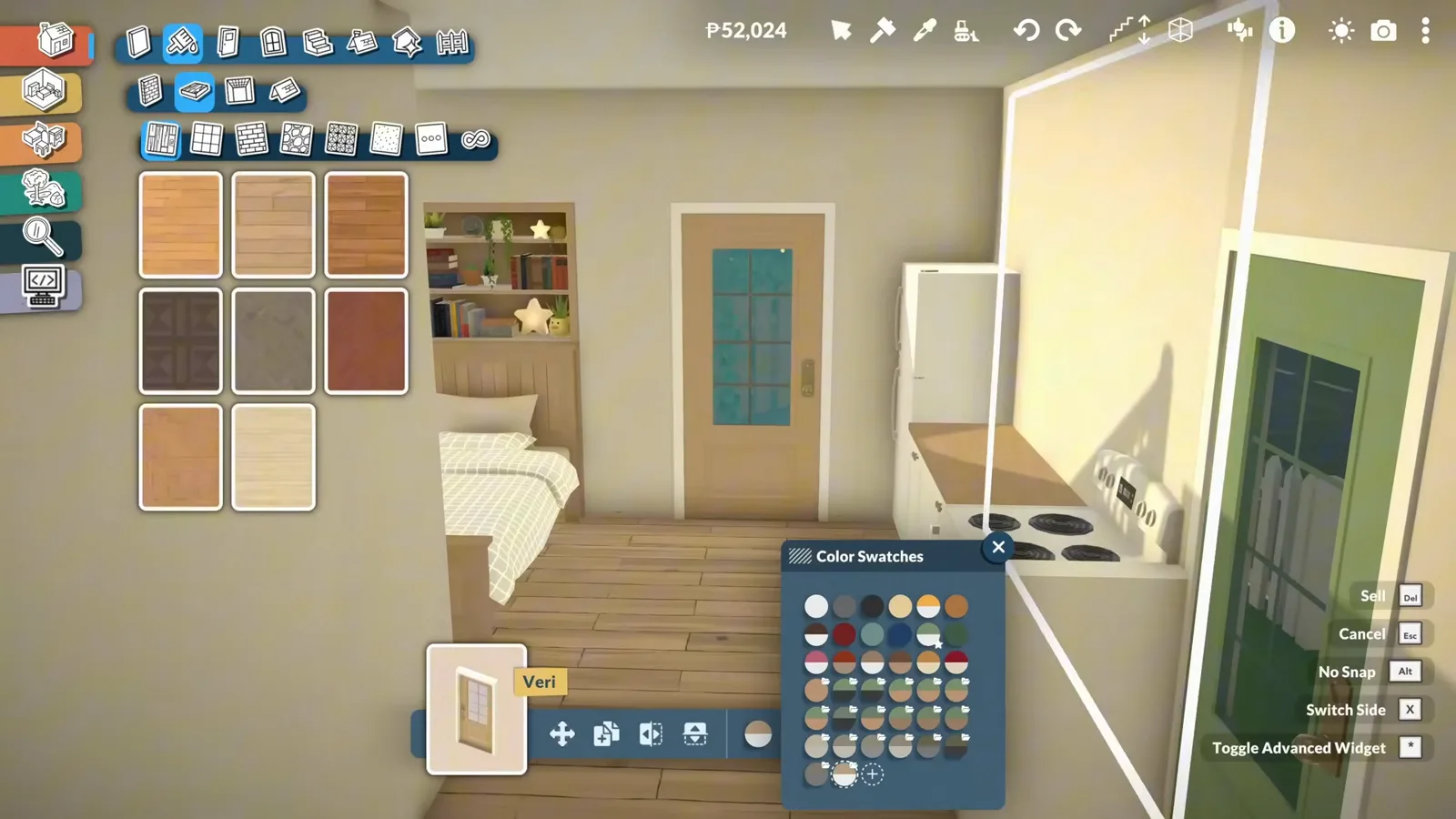 Floor swatches and a Color Swatches panel open over a Paralives micro home with cream walls, a green door and a wood floor