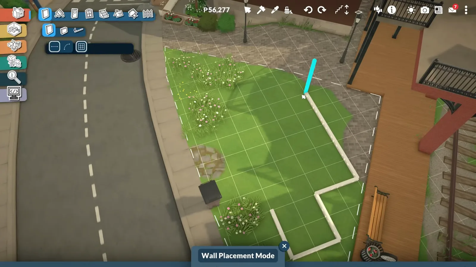 Wall Placement Mode drawing white ghost walls that follow the curved edge of a Paralives lot