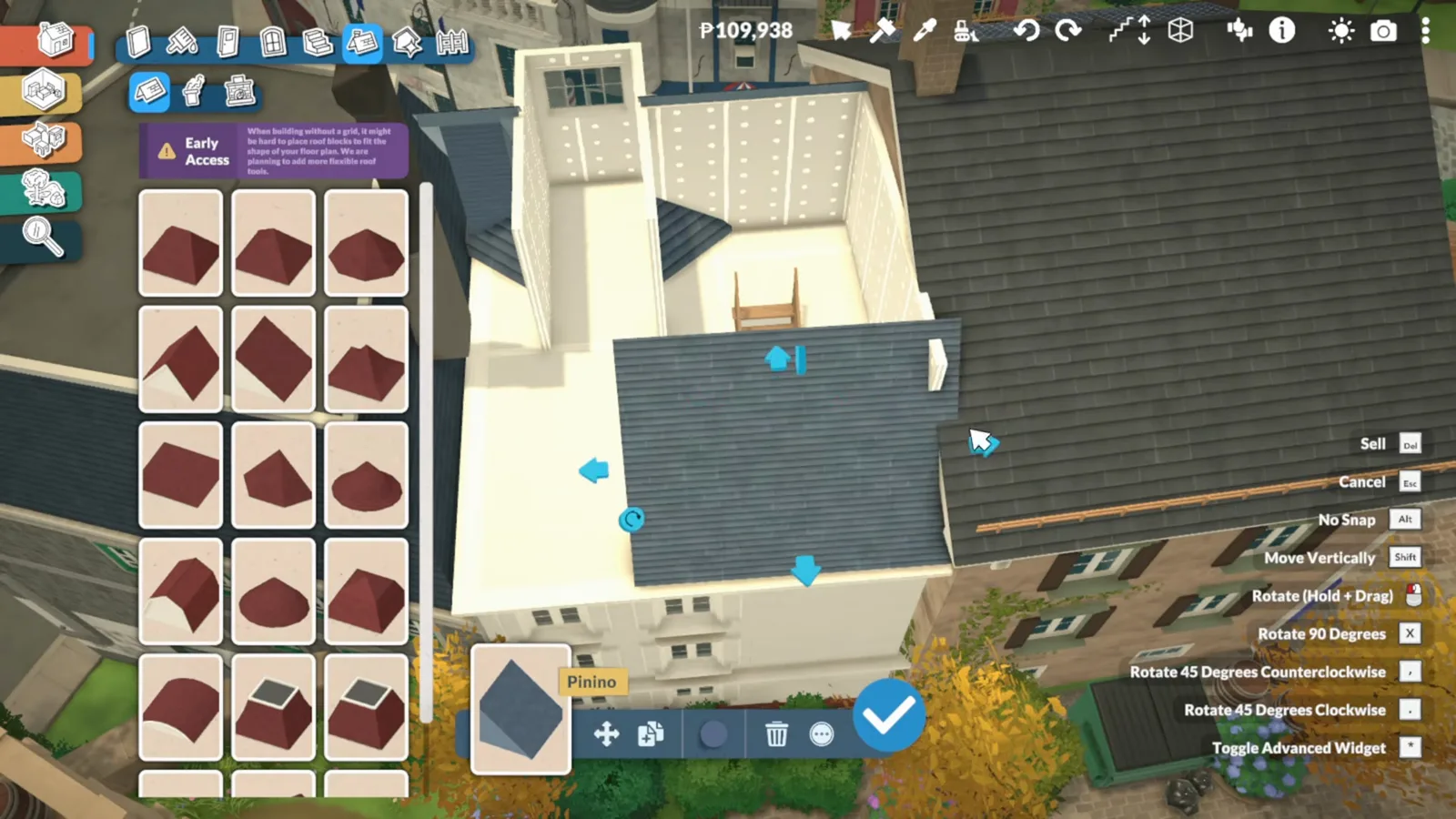 Top-down Paralives view of a townhouse roofline with a slate roof panel being positioned, a stack at its edge, clipped dormers and the roof trim catalogue open Top-down Paralives view of a townhouse roofline with a slate roof panel being positioned, a stack at its edge, clipped dormers and the roof trim catalogue open