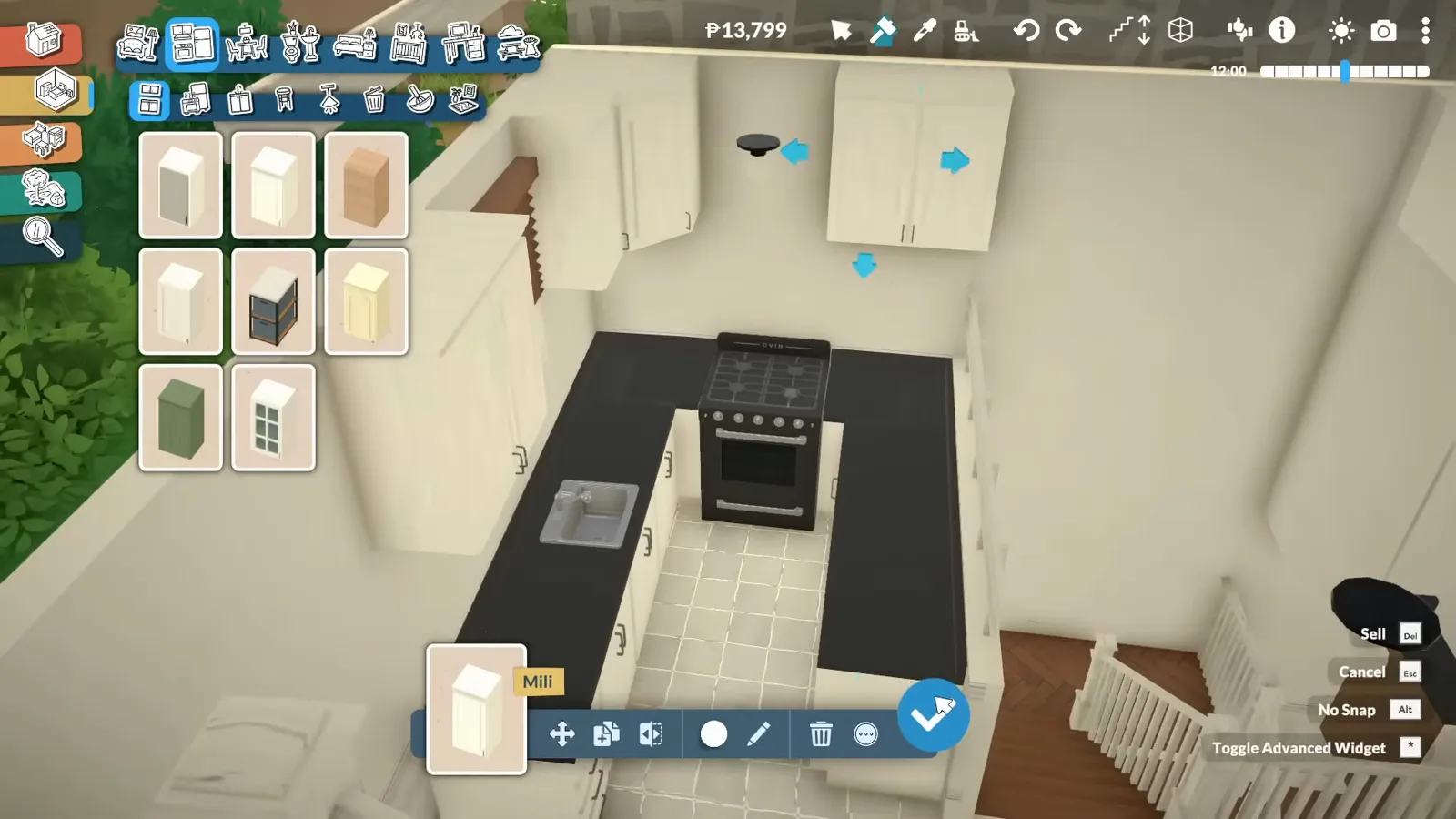 Top-down view of a narrow Paralives townhouse kitchen with black worktops, an oven and a sink run along two walls, with the stair balustrade at the far end Top-down view of a narrow Paralives townhouse kitchen with black worktops, an oven and a sink run along two walls, with the stair balustrade at the far end