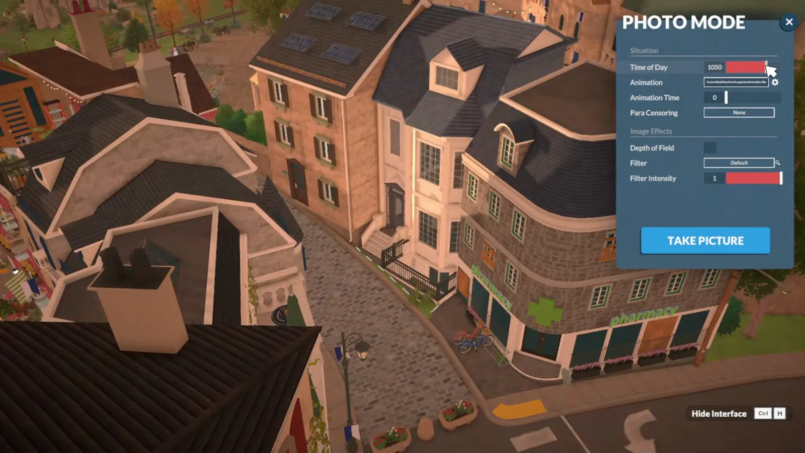 Angled Paralives Photo Mode view of a finished British-style townhouse block on a corner plot, with slate mansard roofs, dormer windows, chimney stacks and a pharmacy shopfront across the cobbled street Angled Paralives Photo Mode view of a finished British-style townhouse block on a corner plot, with slate mansard roofs, dormer windows, chimney stacks and a pharmacy shopfront across the cobbled street