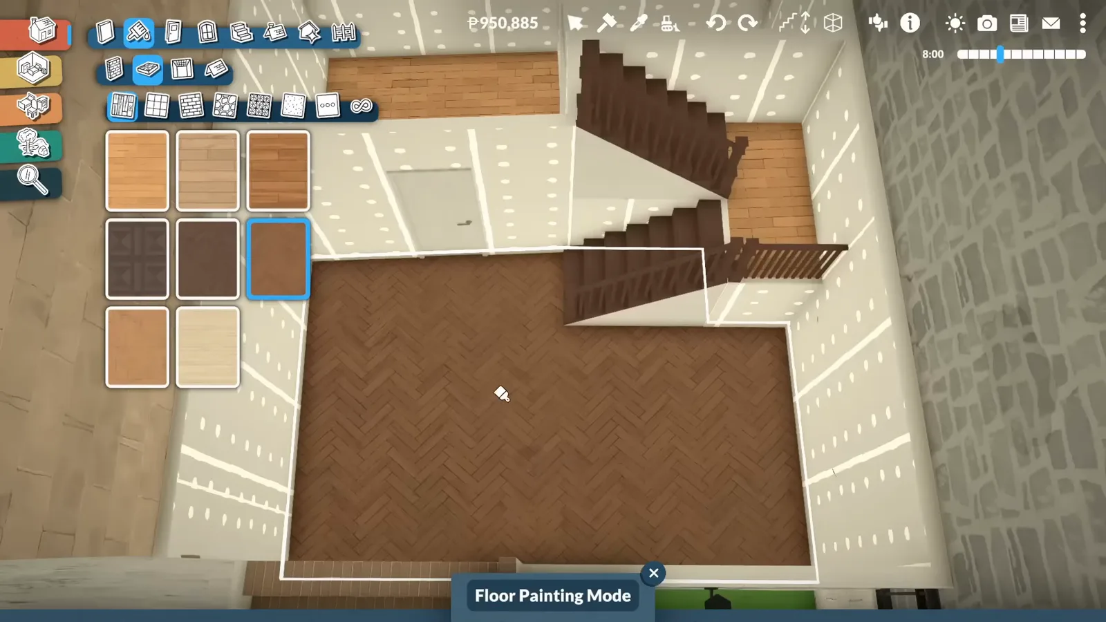 Paralives Floor Painting Mode with a grid of timber swatches open beside a brick-bond wood floor laid across the narrow footprint of a townhouse Paralives Floor Painting Mode with a grid of timber swatches open beside a brick-bond wood floor laid across the narrow footprint of a townhouse