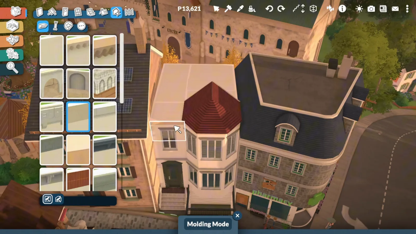 Finished Paralives townhouse facade seen from above, showing a slate mansard roof with a dormer window, a curved bay roof and Molding Mode trim along the street Finished Paralives townhouse facade seen from above, showing a slate mansard roof with a dormer window, a curved bay roof and Molding Mode trim along the street