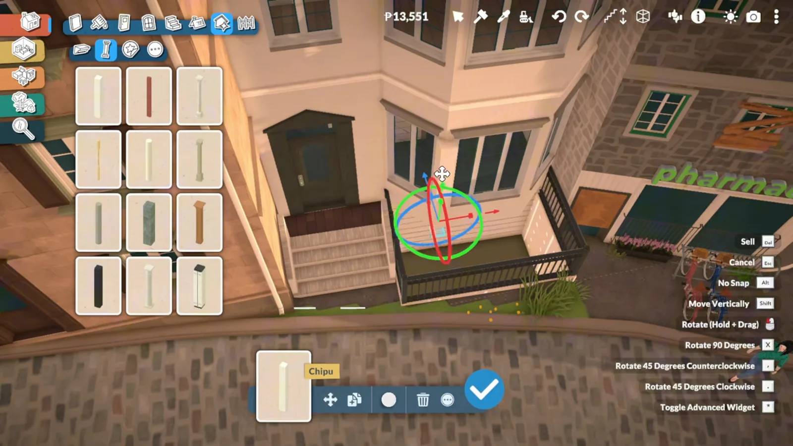 Paralives Molding Mode with the column catalogue open beside a townhouse entrance where a rotate gizmo positions a column next to the front door Paralives Molding Mode with the column catalogue open beside a townhouse entrance where a rotate gizmo positions a column next to the front door