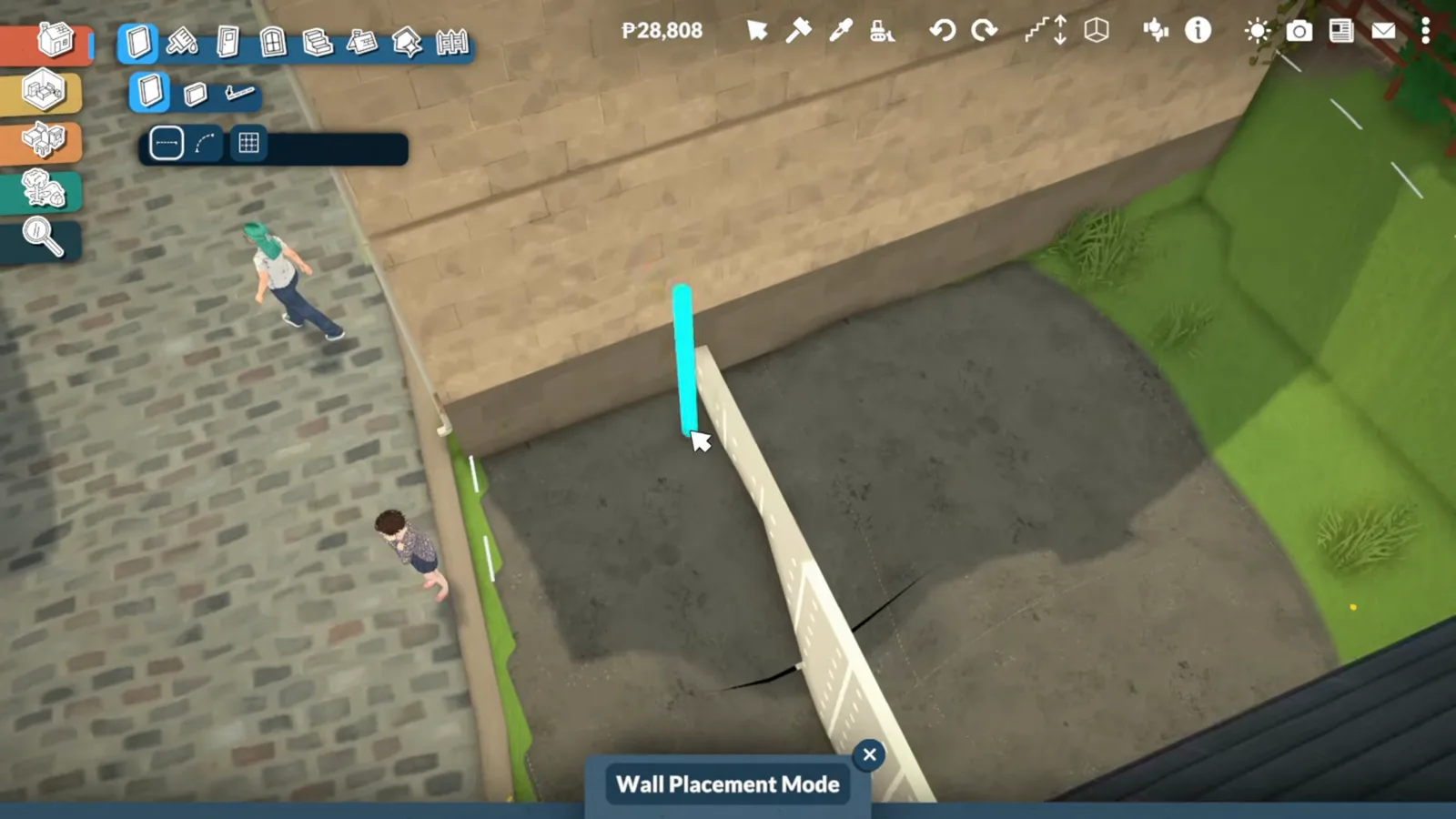 Paralives Wall Placement Mode drawing a cyan-highlighted wall segment on a narrow paved town lot between two neighbouring stone walls Paralives Wall Placement Mode drawing a cyan-highlighted wall segment on a narrow paved town lot between two neighbouring stone walls