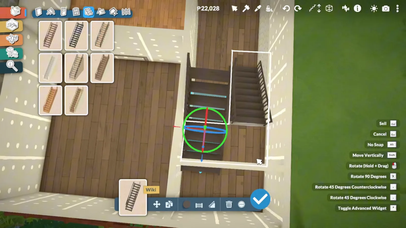Paralives right-click placement menu open over a timber staircase with the rotate gizmo, listing No Snap, Move Vertically, Rotate 90 Degrees and Toggle Advanced Widget Paralives right-click placement menu open over a timber staircase with the rotate gizmo, listing No Snap, Move Vertically, Rotate 90 Degrees and Toggle Advanced Widget
