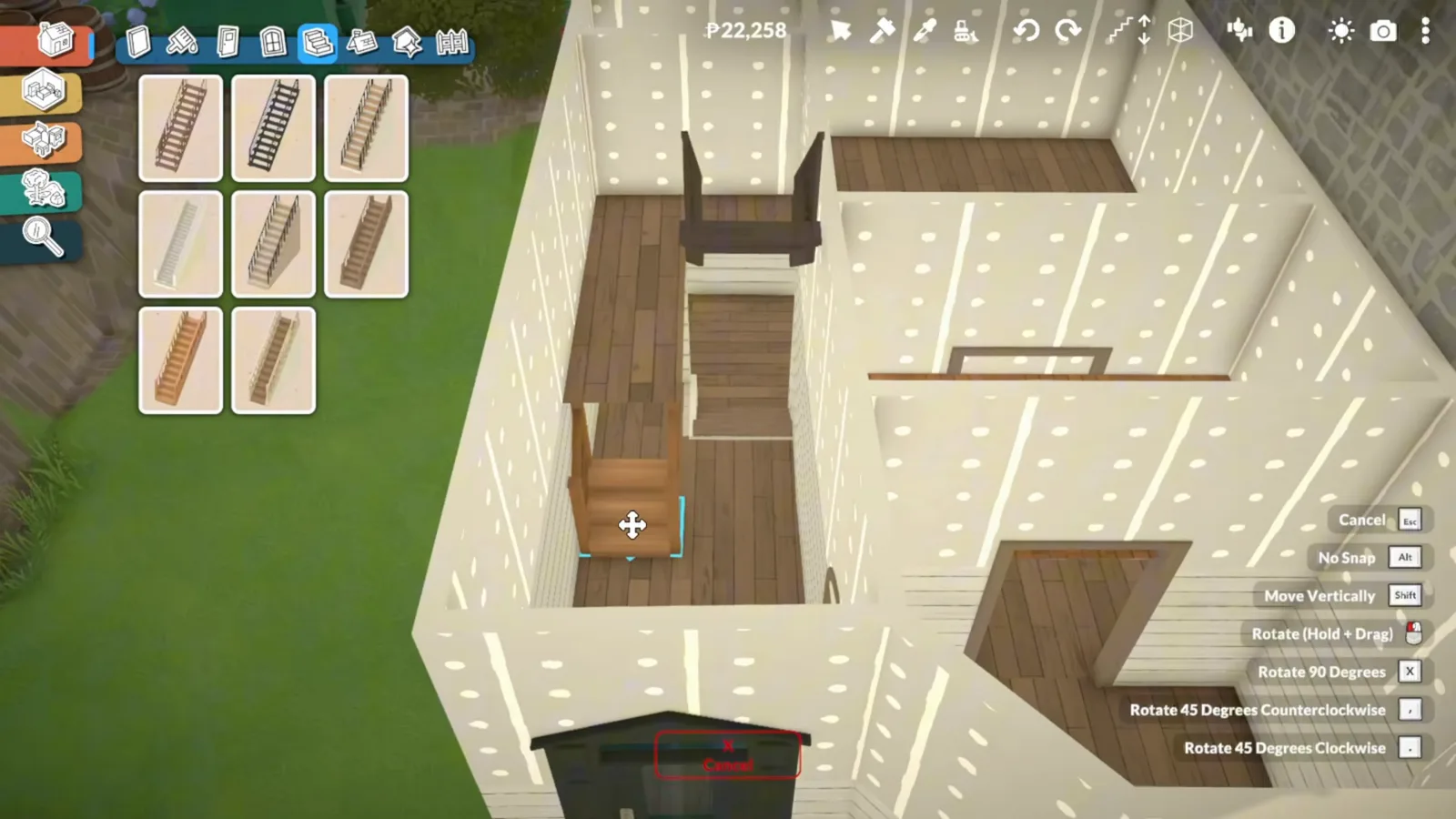 Two timber staircase flights meeting at a half-landing inside a Paralives townhouse, seen from above with the staircase catalogue open beside the plan Two timber staircase flights meeting at a half-landing inside a Paralives townhouse, seen from above with the staircase catalogue open beside the plan