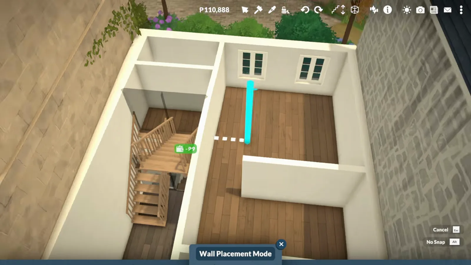 Top-down view of a Paralives townhouse upper floor with timber floors, a highlighted wall segment dividing a bedroom from the stair landing and a shared party wall on one side Top-down view of a Paralives townhouse upper floor with timber floors, a highlighted wall segment dividing a bedroom from the stair landing and a shared party wall on one side