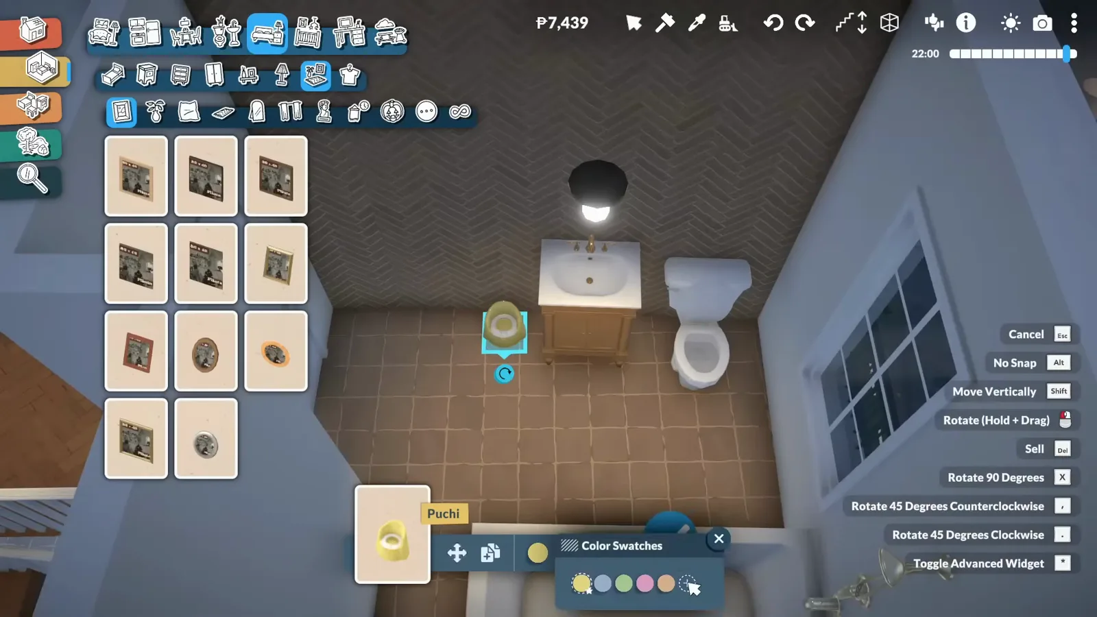 Compact Paralives upstairs bathroom seen from above with a vanity basin, a wall-mounted WC and brown floor tiles, beside an open rug catalogue Compact Paralives upstairs bathroom seen from above with a vanity basin, a wall-mounted WC and brown floor tiles, beside an open rug catalogue