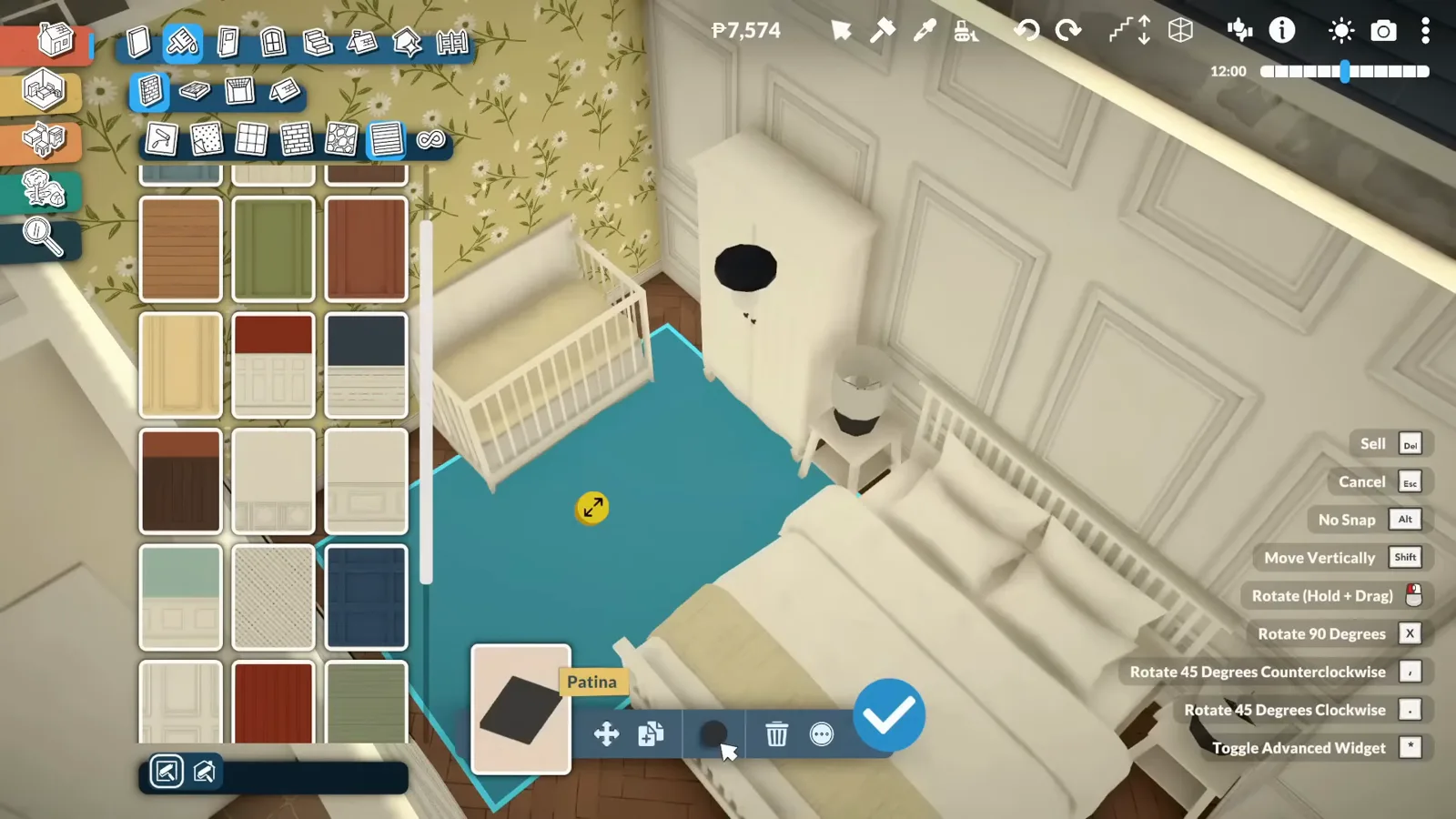 Paralives top-floor bedroom with a double bed, a white crib against the panelled wall and a teal rug, with a floor-rug swatch catalogue open beside it Paralives top-floor bedroom with a double bed, a white crib against the panelled wall and a teal rug, with a floor-rug swatch catalogue open beside it