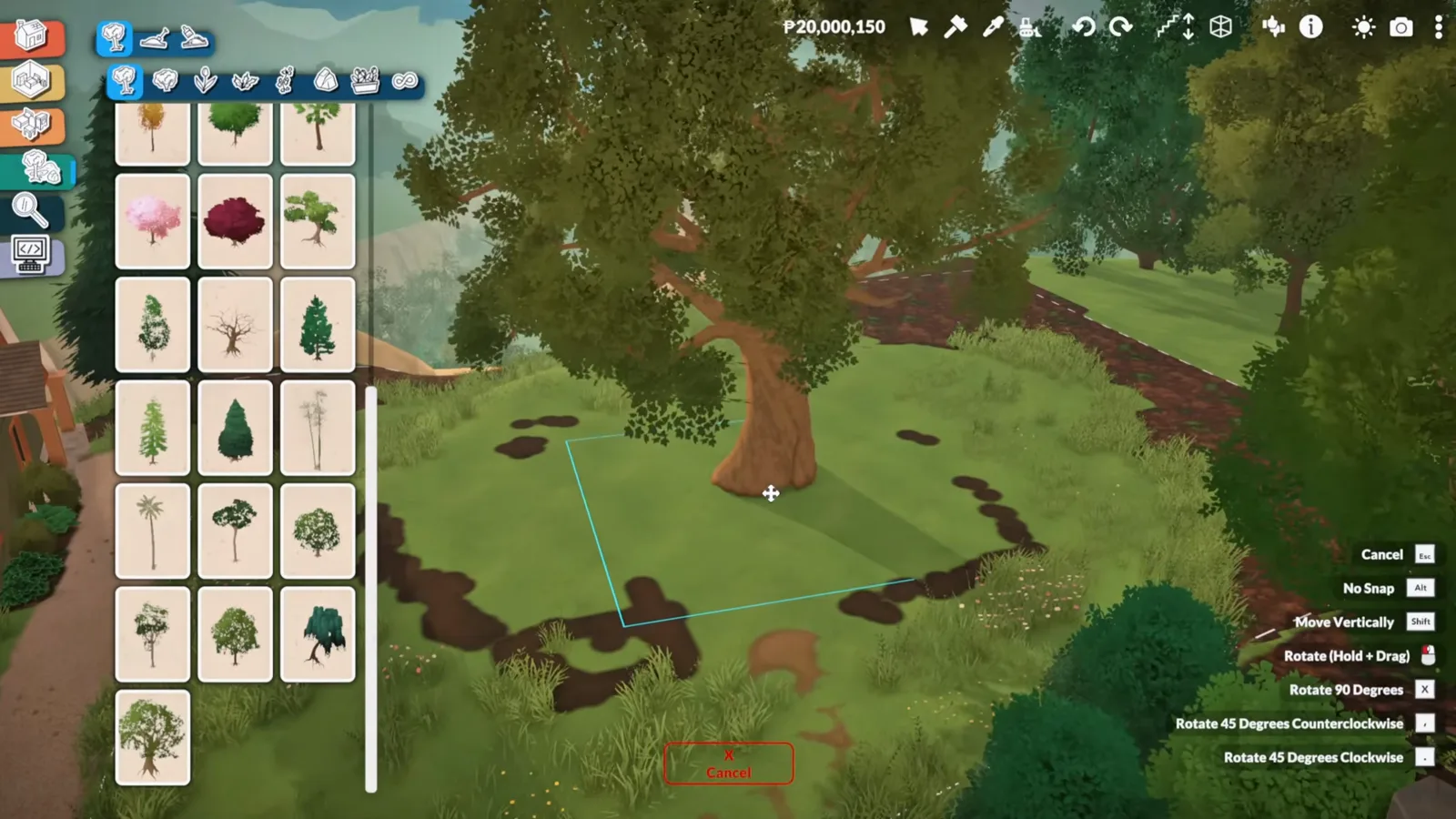 A giant tree standing alone on a wild cliff lot in Paralives while the tree catalogue stays open on the left