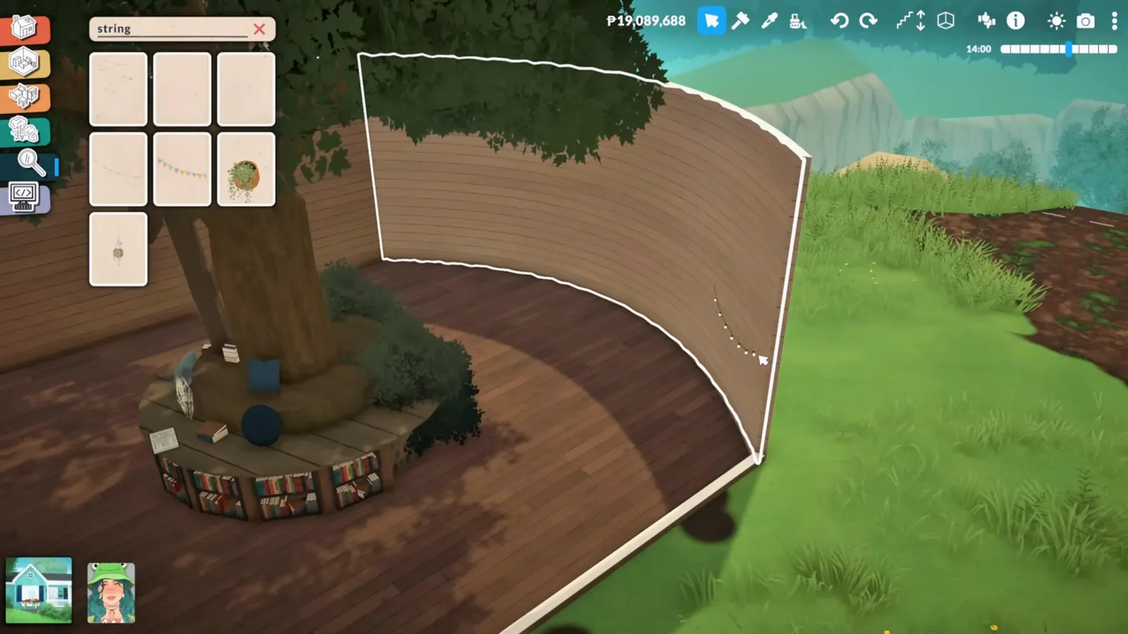 Curved walls bending around a giant tree trunk in Paralives with the white wall arc handles fully visible