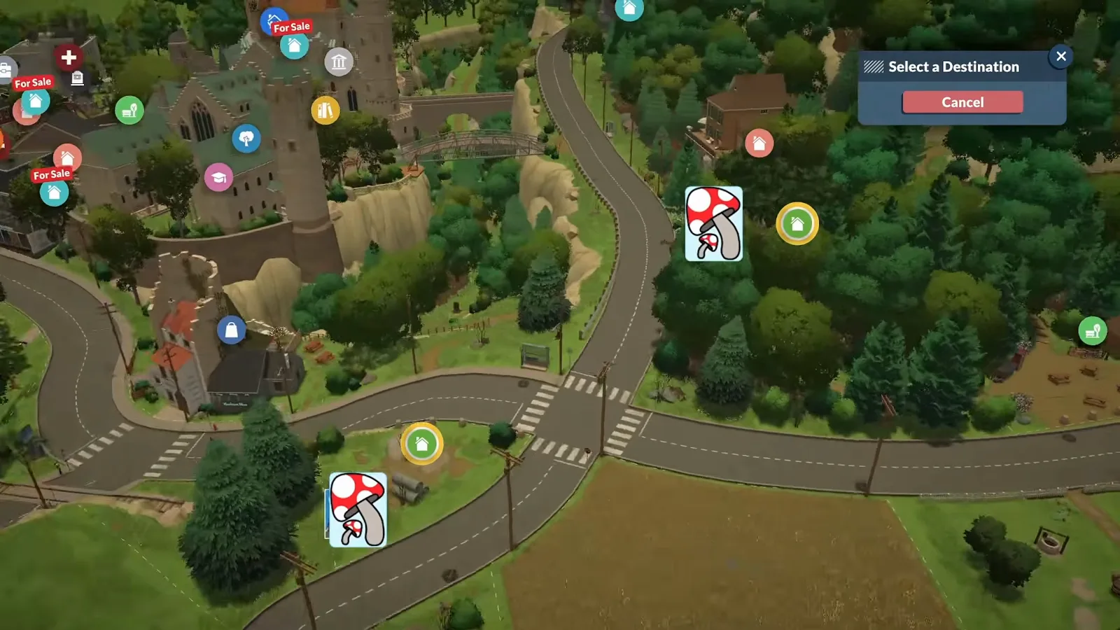 Fairy-ring teleport markers from a Workshop mod dotting the Paralives world map destination picker