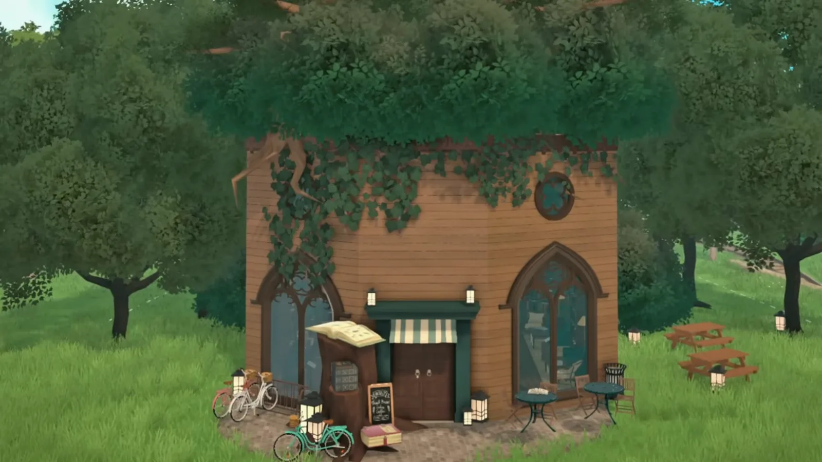 The finished Paralives tree bookshop with ivy on its curved walls and an oversized open book beside the door