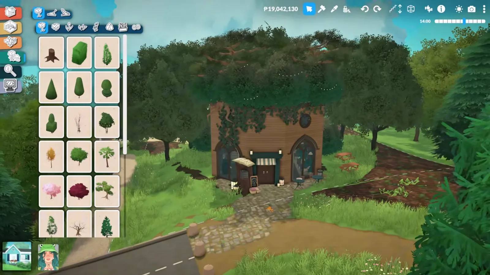 Planted trees closing around a Paralives treehouse bookshop until only the canopy roof peeks out