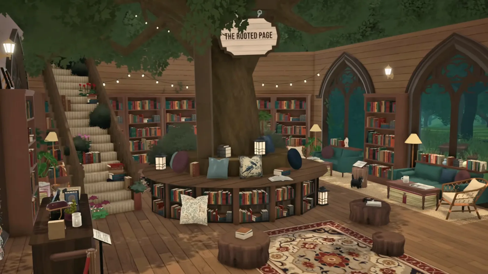 The finished Rooted Page bookshop in Paralives: a giant tree trunk rising through a curved library with a reading ring around it