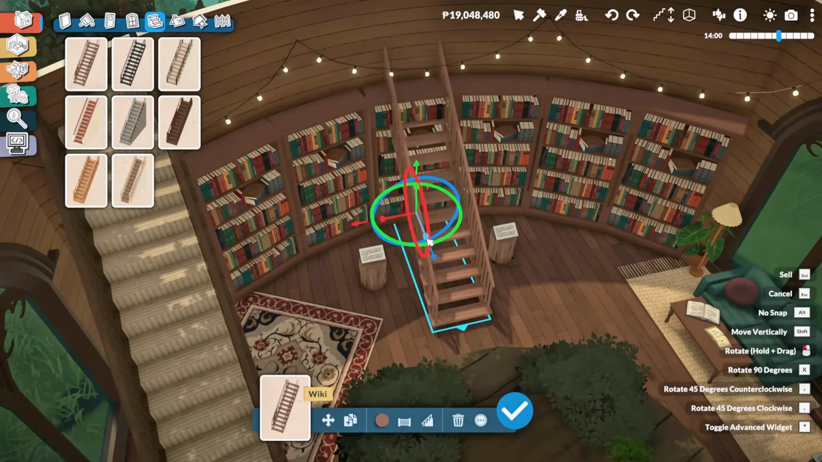 A regular Paralives staircase squashed paper-thin into a fake rolling library ladder against curved bookshelves