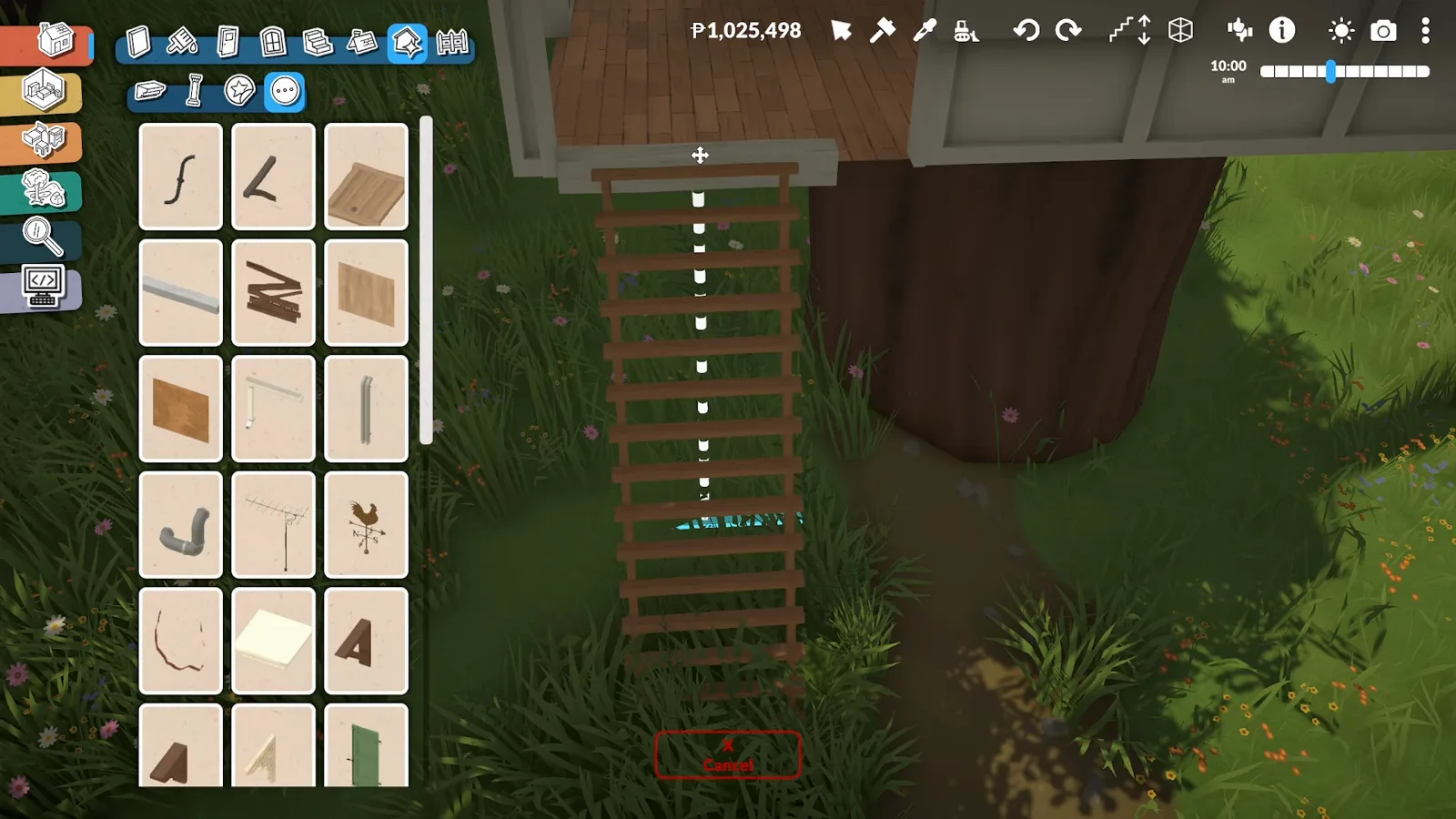 A compact wooden staircase climbing from the grass to the raised deck of a Paralives treehouse