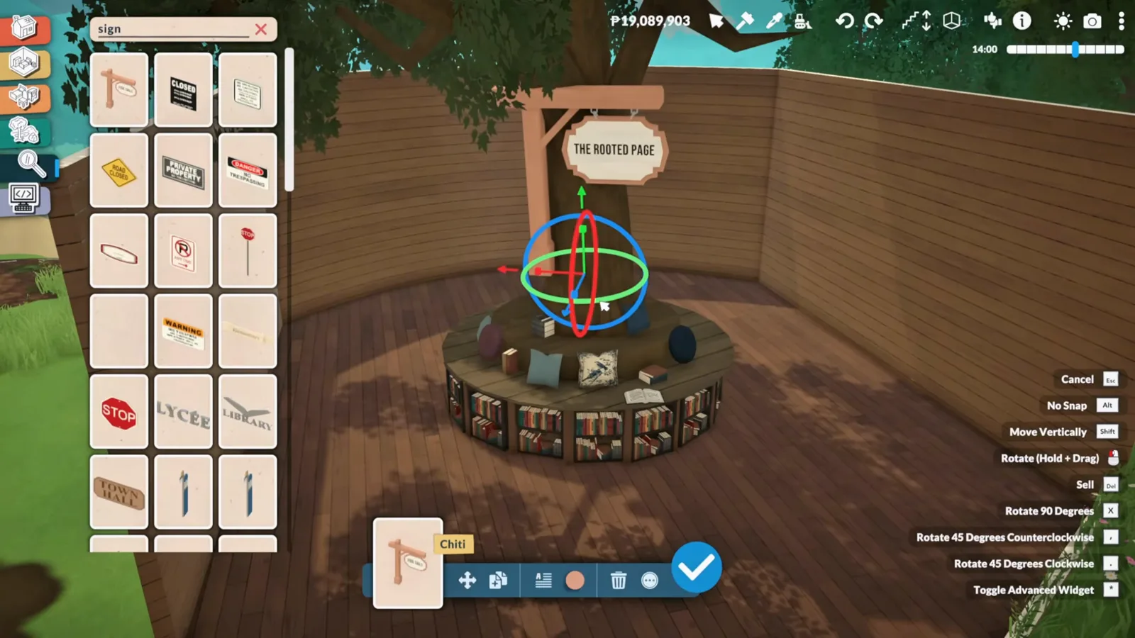 The Paralives advanced transform gizmo pinning a customized Rooted Page sign directly onto a tree trunk