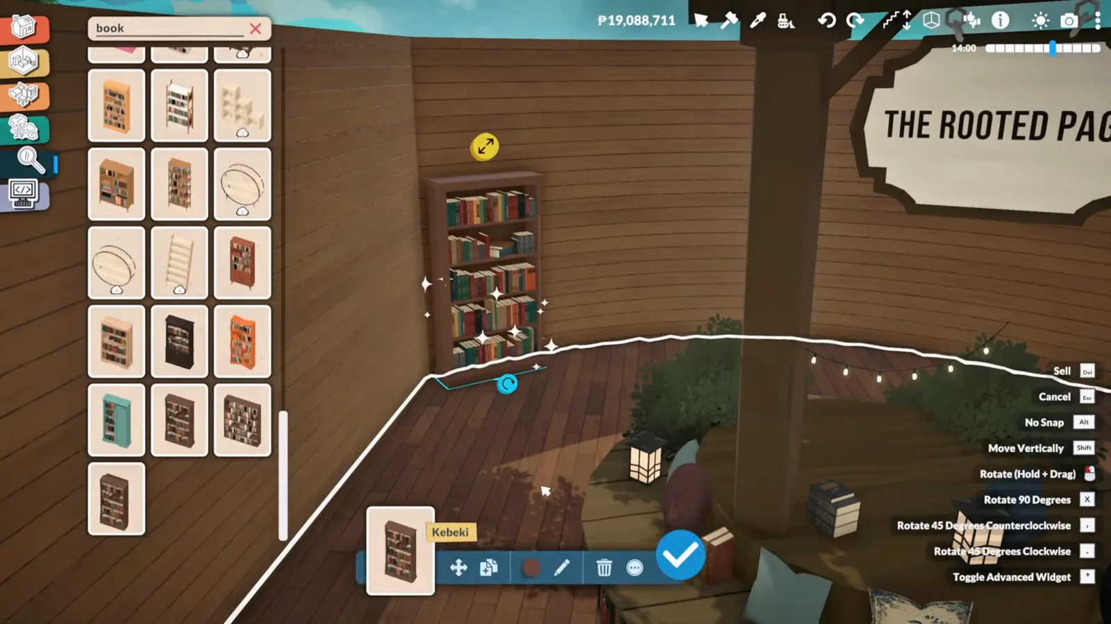 Bookshelves rotated one at a time along a curved Paralives library wall with string lights strung above