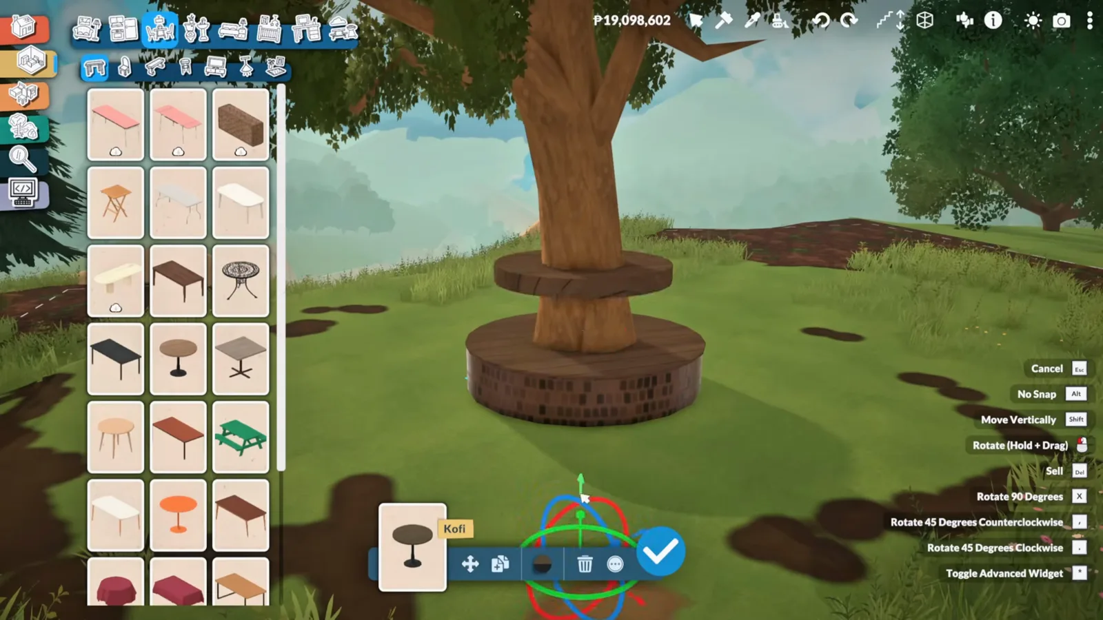 Paralives tables and columns layered into a circular shelf ring around a tree trunk with the transform gizmo on screen