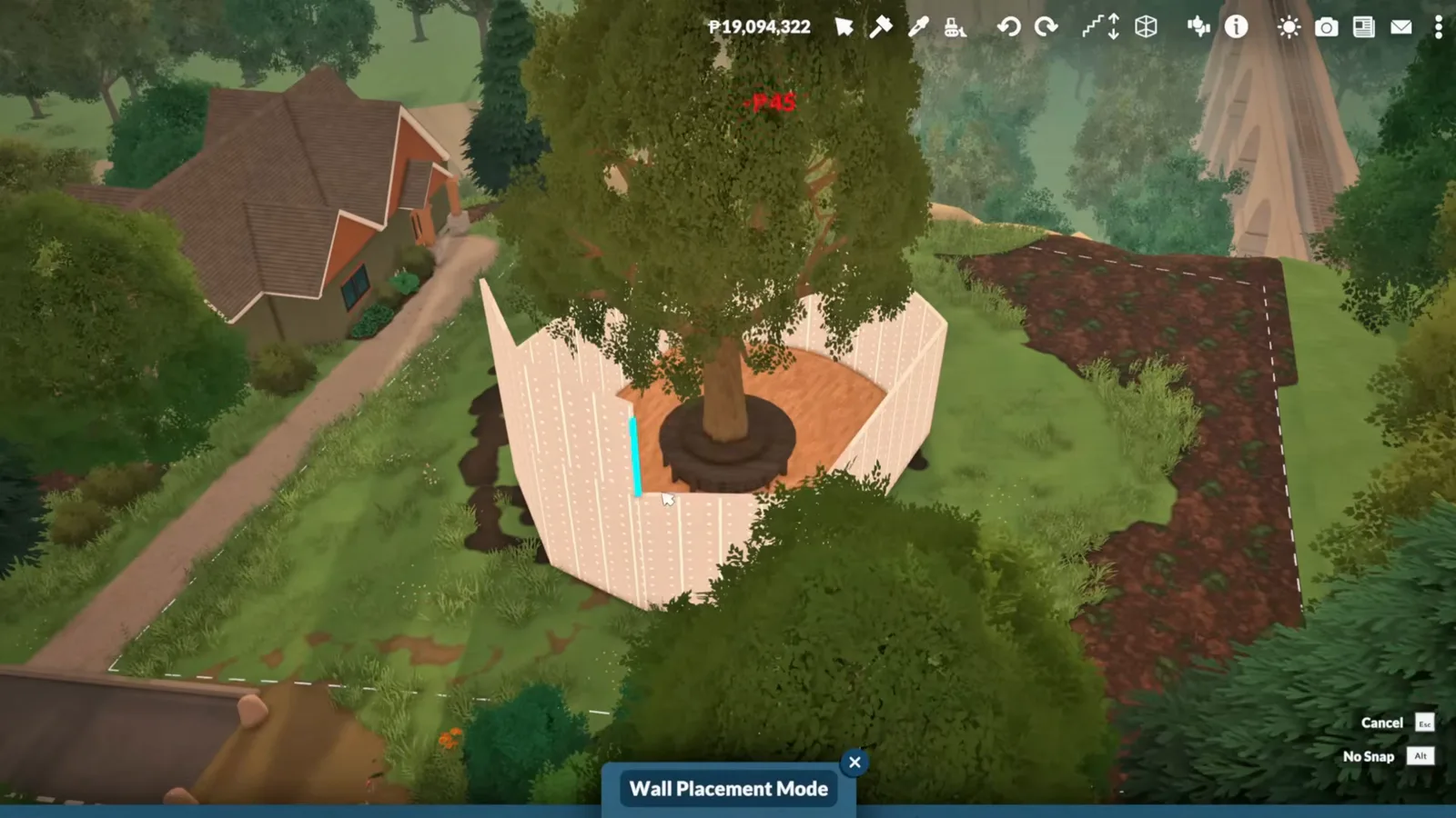 Tall curved walls rising around a tree in Paralives wall placement mode before the second floor closes in