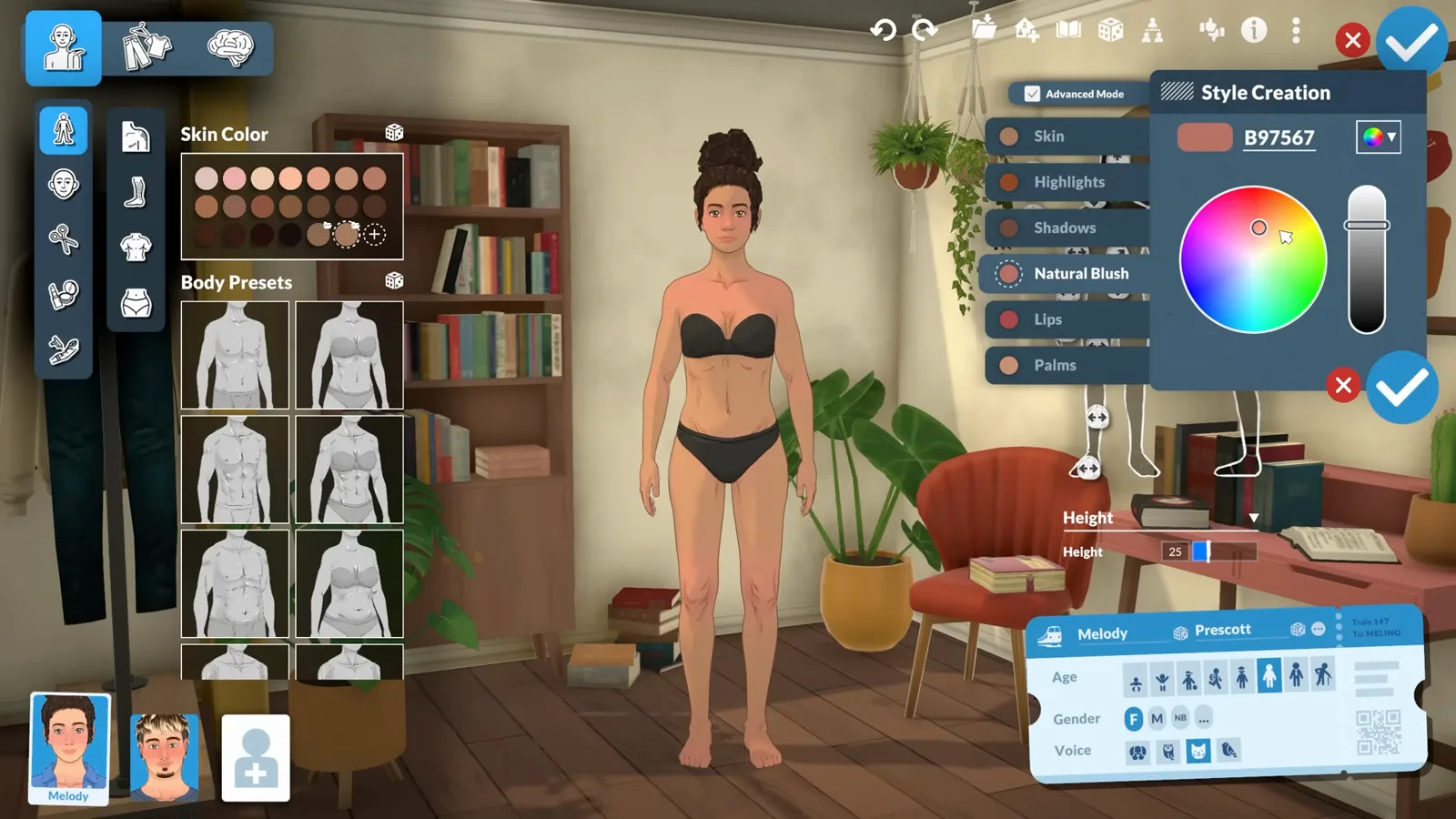 Creating a custom skin color preset in Paralives Paramaker with the Style Creation color wheel and Advanced Mode palette.