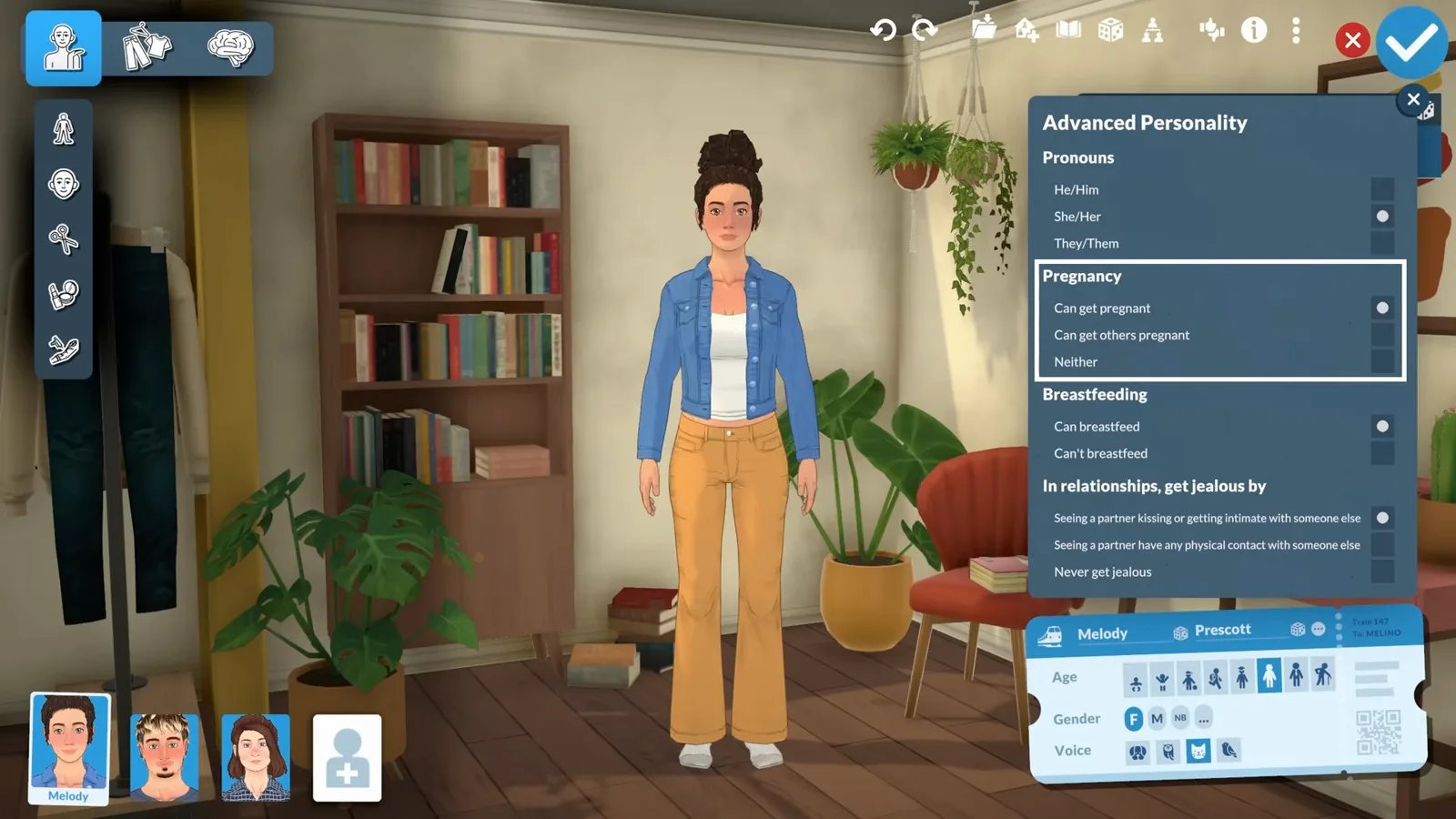 The Advanced Personality panel in Paralives Paramaker listing pronoun, pregnancy, breastfeeding and jealousy options.