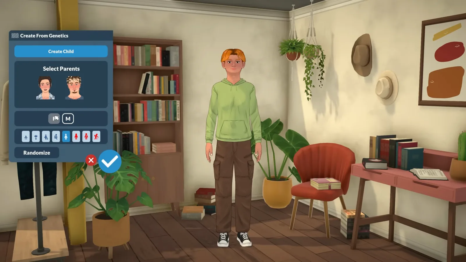The Create From Genetics screen in Paralives with two selected parents, a gender toggle, life stage icons and Randomize.