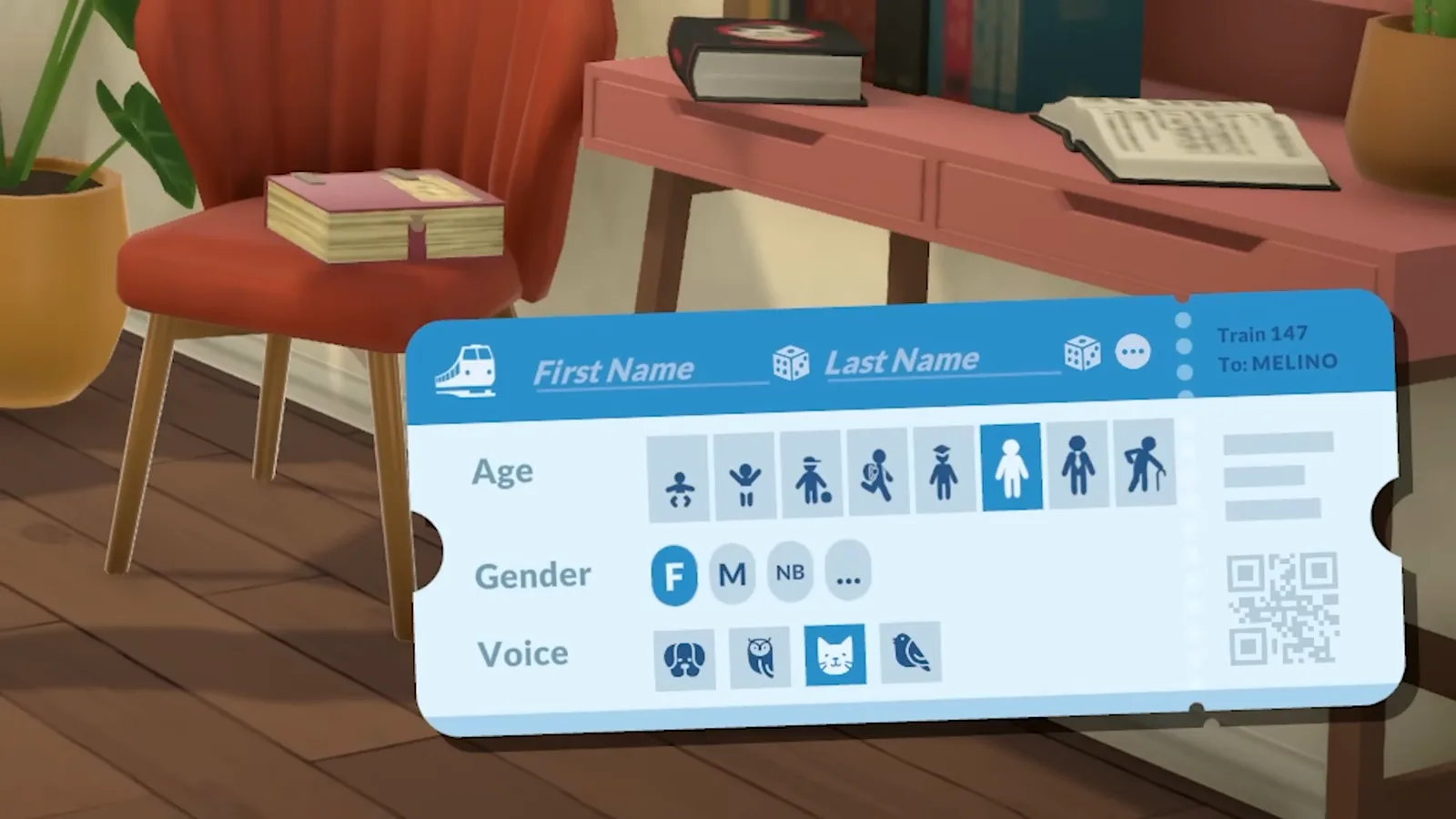 The blank Paralives train ticket where a new Para's name, age, gender and voice are set before any sculpting starts.