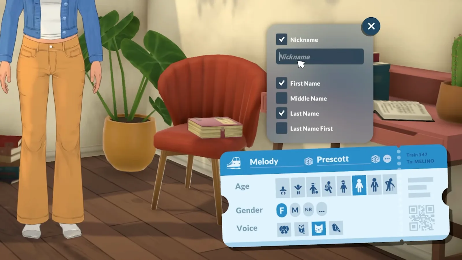 Opening the three-dot name menu in Paralives Paramaker to add a nickname, a middle name or a surname-first order.