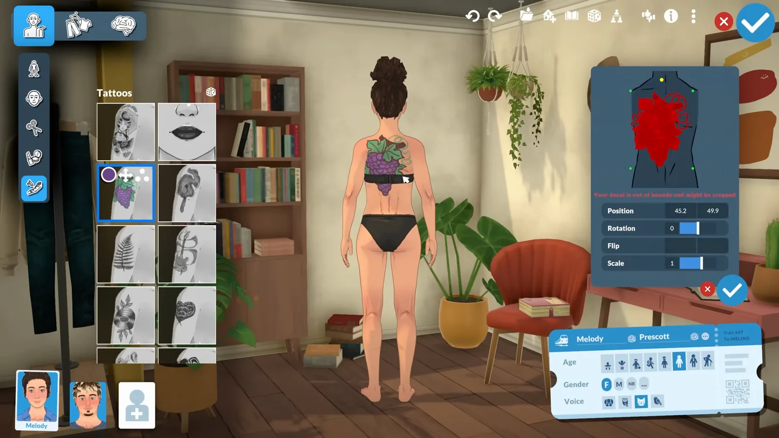 Repositioning a tattoo in Paralives Paramaker with the Position, Rotation, Flip and Scale sliders on the back view.