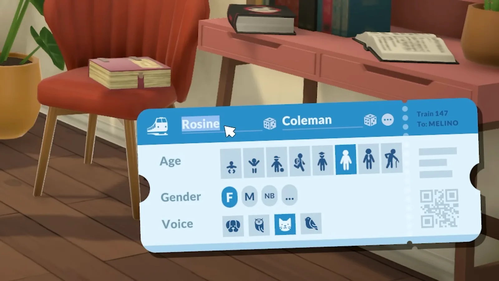 The filled Paralives train ticket showing a Para's name, age, gender and voice choices on one panel.