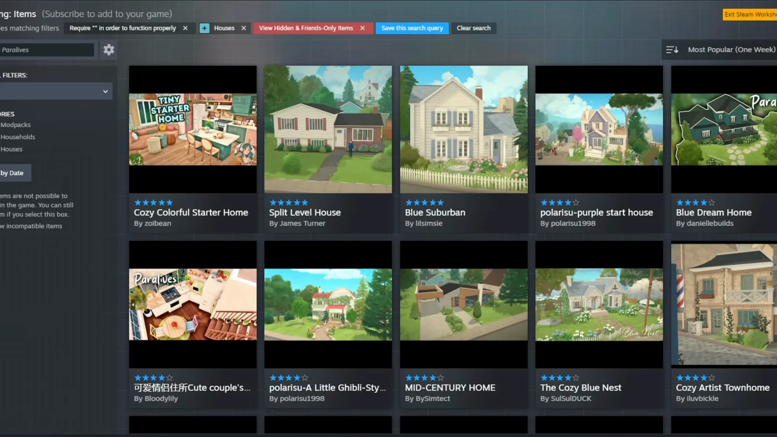 Browsing for lots on the Steam Workshop fills the screen with downloadable Paralives houses sorted by popularity Browsing for lots on the Steam Workshop fills the screen with downloadable Paralives houses sorted by popularity