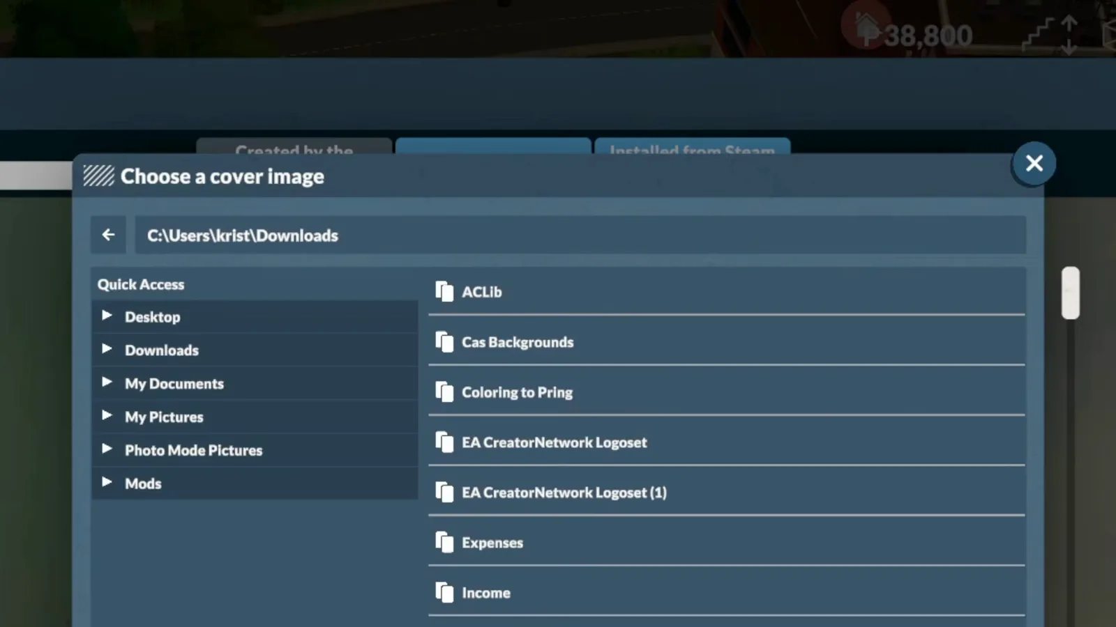 The Choose a cover image file browser in Paralives, open in the Downloads folder, where a cover thumbnail gets picked for the Workshop item The Choose a cover image file browser in Paralives, open in the Downloads folder, where a cover thumbnail gets picked for the Workshop item