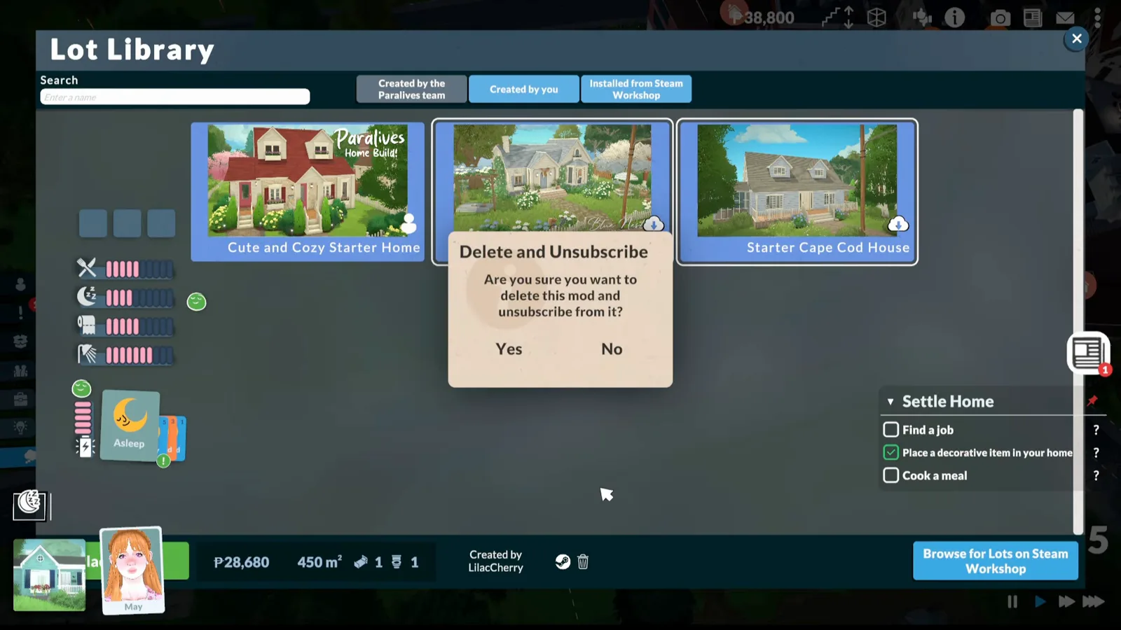 The Delete and Unsubscribe confirmation in Paralives asks whether to remove the subscribed lot from your game The Delete and Unsubscribe confirmation in Paralives asks whether to remove the subscribed lot from your game