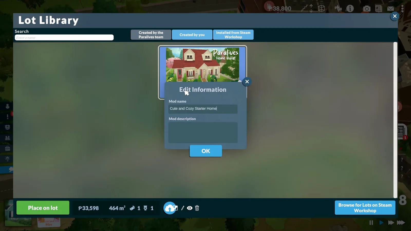 The Edit Information dialog in Paralives with the Mod name filled in and the Mod description field ready for the Workshop listing text The Edit Information dialog in Paralives with the Mod name filled in and the Mod description field ready for the Workshop listing text