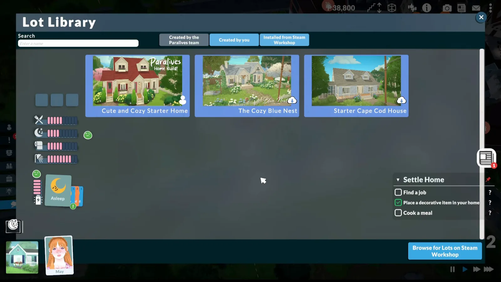Subscribed houses appear in the Lot Library automatically in Paralives, shown with cloud icons beside the home you built Subscribed houses appear in the Lot Library automatically in Paralives, shown with cloud icons beside the home you built