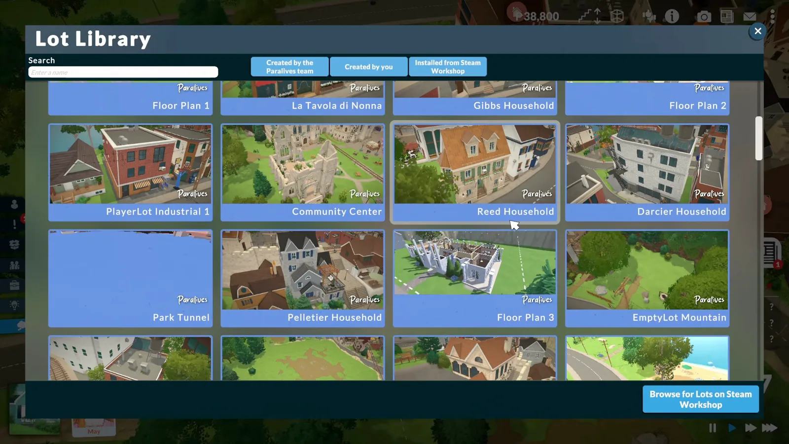 The Paralives Lot Library opens as a full-screen grid of prebuilt lots created by the Paralives team, including Floor Plan 1 and the Community Center The Paralives Lot Library opens as a full-screen grid of prebuilt lots created by the Paralives team, including Floor Plan 1 and the Community Center