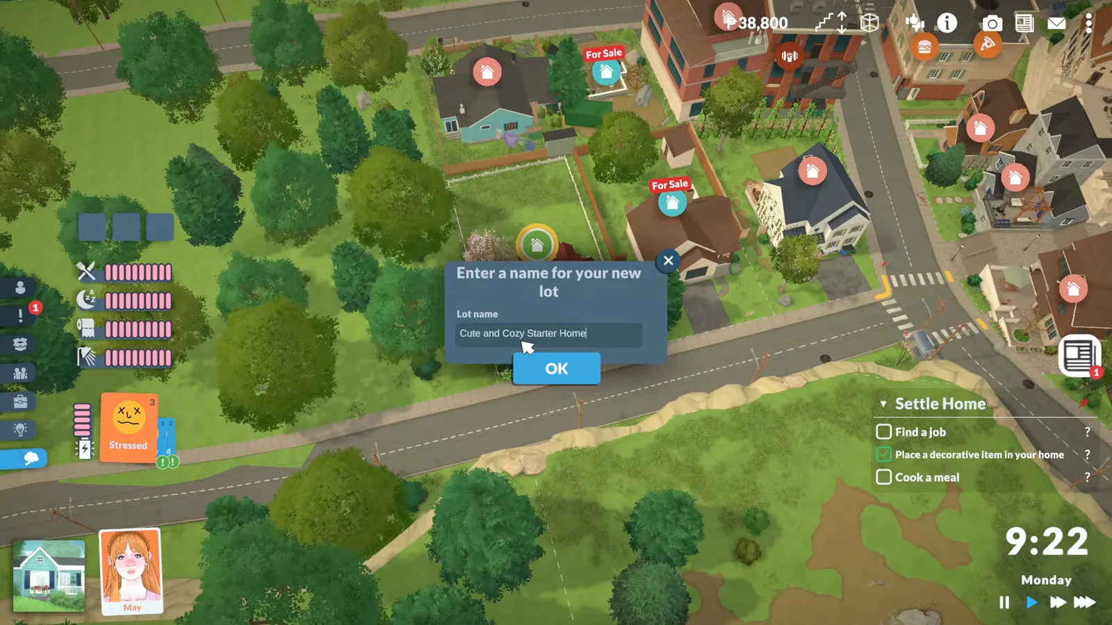 The Enter a name for your new lot dialog in Paralives with Cute and Cozy Starter Home typed into the Lot name field The Enter a name for your new lot dialog in Paralives with Cute and Cozy Starter Home typed into the Lot name field