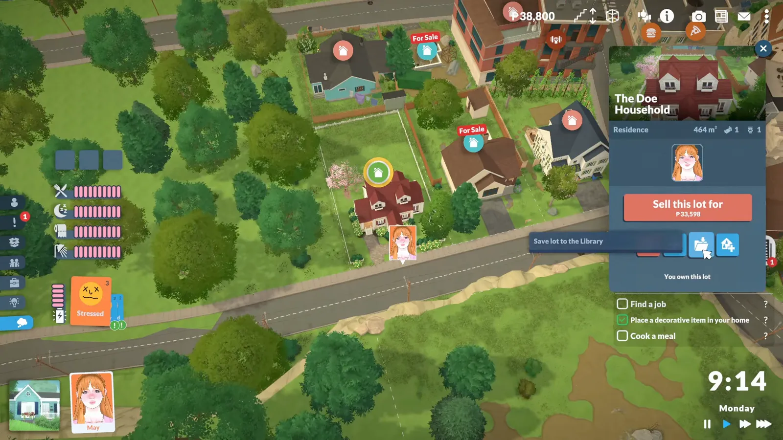 Zoomed-out Paralives neighbourhood view where the green home icon sits above your house and the household panel tooltip reads Save lot to the library Zoomed-out Paralives neighbourhood view where the green home icon sits above your house and the household panel tooltip reads Save lot to the library