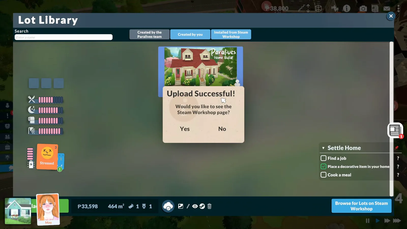An Upload Successful! popup in Paralives asking whether to open the Steam Workshop page for the freshly uploaded house An Upload Successful! popup in Paralives asking whether to open the Steam Workshop page for the freshly uploaded house