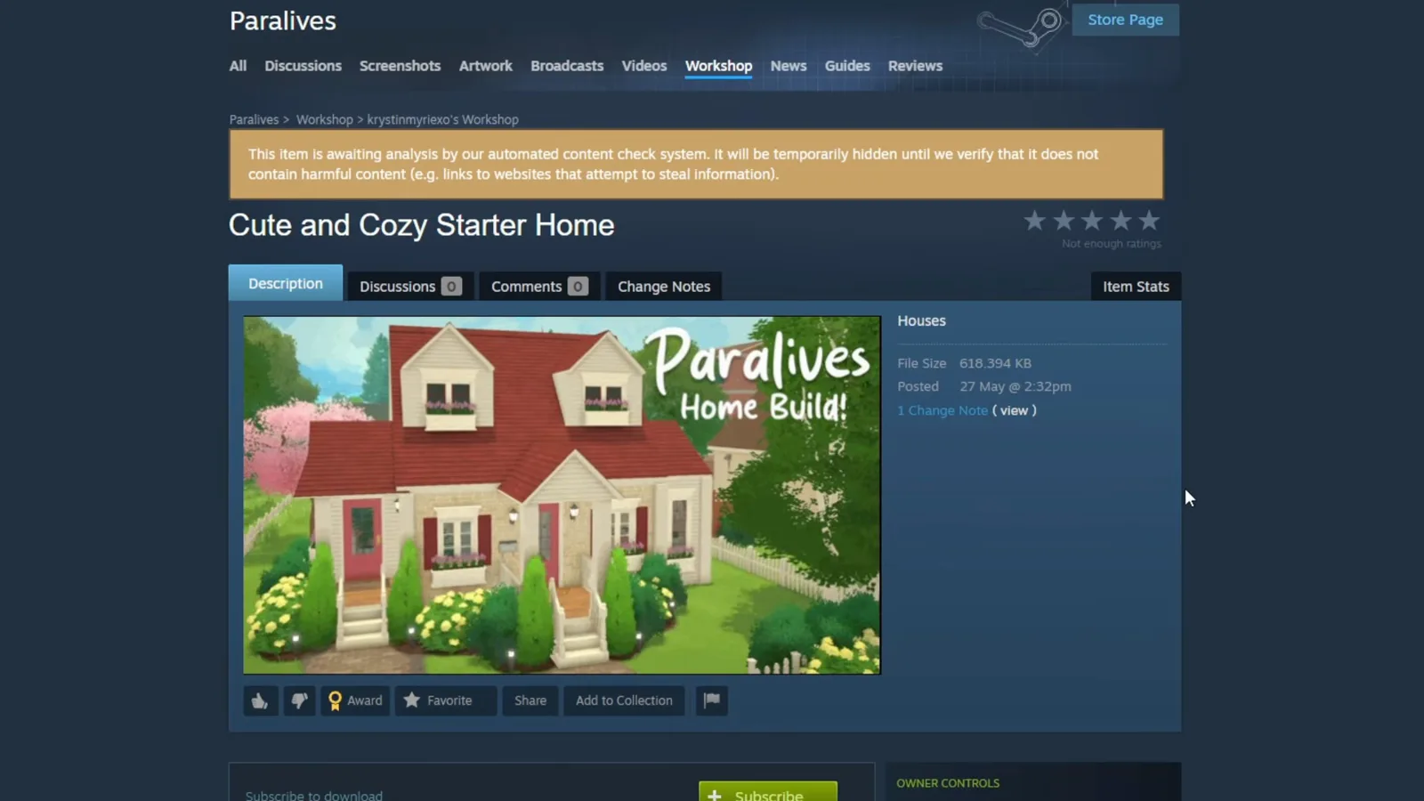 The Steam Workshop page for a newly uploaded Paralives house lists the file size and posting date beside the custom cover image The Steam Workshop page for a newly uploaded Paralives house lists the file size and posting date beside the custom cover image