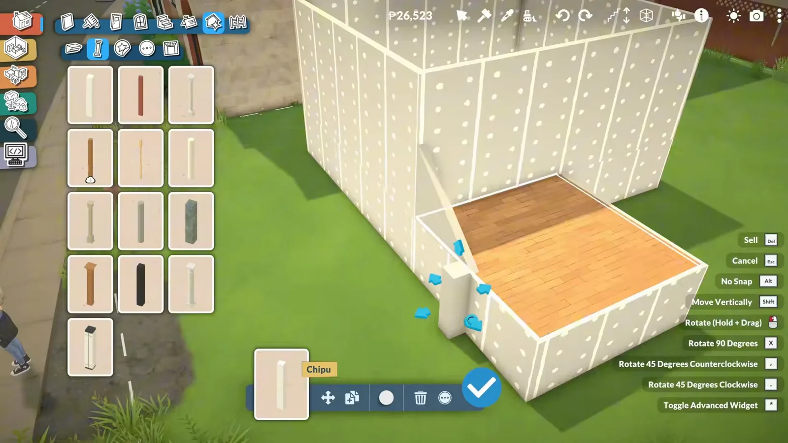 Angled wall pieces turning a boxy Paralives house front into a layered Mediterranean elevation, with the right-click rotate menu open.